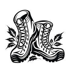 Black & White Art HeavyDuty Boots with Laces & Leaves Illustration, Detailed Style