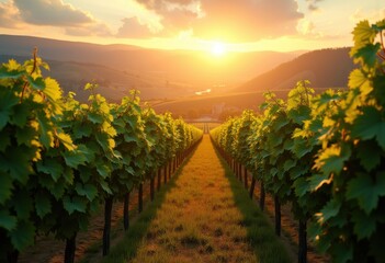Fototapeta premium vibrant vineyard rows golden hour spectacular nature landscape grapevines glistening sunlight rolling hills agriculture, wine, sunset, field, plant, soil
