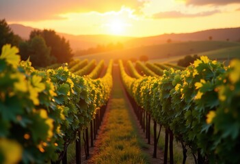 Naklejka premium vibrant vineyard rows sunset agricultural landscape lush green grapevines golden sky, nature, agriculture, field, plant, flora, horizon, outdoors