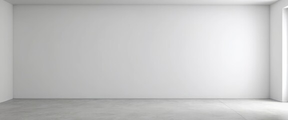 A spacious, empty white room featuring a smooth concrete floor, large window allowing natural light to flood in, creating a bright, airy atmosphere.