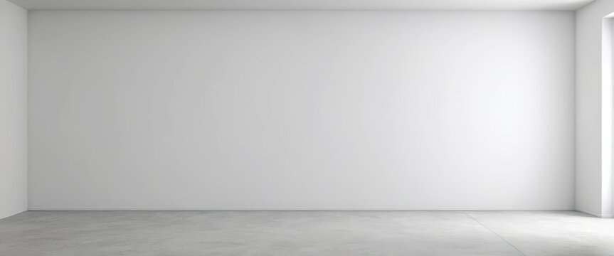 A spacious, empty white room featuring a smooth concrete floor, large window allowing natural light to flood in, creating a bright, airy atmosphere.