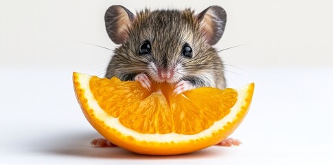 A piece of citrus fruit is being held by a small mouse that is seated on a plain background