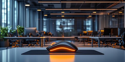 A modern gaming mouse with advanced technology sits on a sleek surface, set against a contemporary architectural background under the illumination of daylight