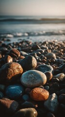 Colorful stones on a beach at sunrise