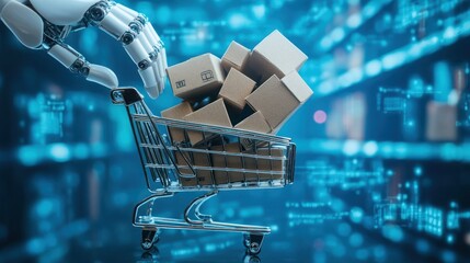 Robotic hand loading packages into a shopping cart.  Futuristic e-commerce concept