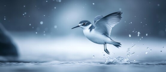 Fototapeta premium By the wetlands, a shorebird rises into the air above shallow water in a calm and peaceful natural scene