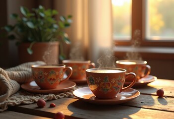 Fototapeta premium stylized coffee cups rustic wooden table cozy atmosphere warmth morning beverage home decor, workspace, design, ceramic, espresso, comfort, drink, furniture