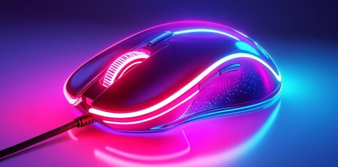 A clean and minimalist background highlights a gaming mouse with a kaleidoscope of LED lights in a contemporary tech display