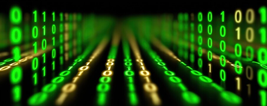 Digital green binary code streaming in a dark background.