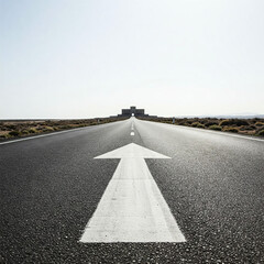 low angle of white arrow on road showing goal. close up of highway road with white arrow.