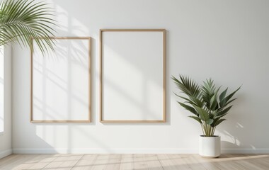 A stylish mock poster frame hangs on a pristine white wall, complemented by a vibrant green potted plant, creating a fresh, modern aesthetic in this 3D rendering.