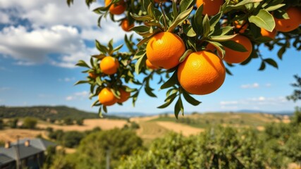 Ripe oranges hang heavy on a vibrant green tree branch against a sunny landscape of rolling hills and blue sky.