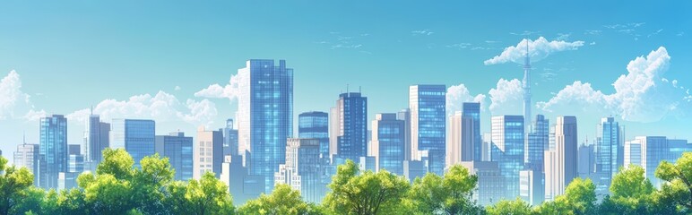 Fototapeta premium Serene cityscape panorama with vibrant trees and tranquil blue sky scenery