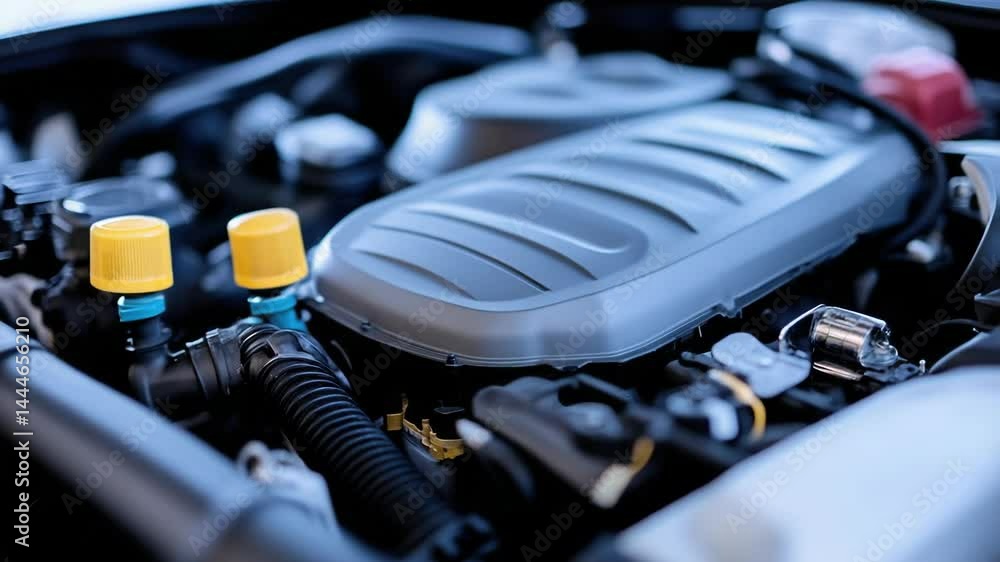 Poster a detailed view of a car's internal combustion engine with the hood open, suitable for educational o