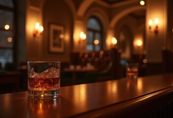 nocturnal whiskey glass ambient light reflection elusive shadows subtle glow intimate setting tasteful lounge decor, input, night, drink, tumbler, spirits