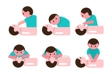 CPR . Cardiopulmonary resuscitation guideline . Include chest compression, open airway and rescue breathing . Flat design cartoon characters . Isolate white background . Vector .