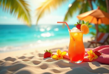 Obraz premium tropical drink beach scene colorful decor sunshine relaxation refreshing beverage sand vivid summer atmosphere, cocktail, vacation, refreshment, umbrella