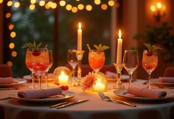 twinkling evening cocktails candlelit table elegant ambiance romantic decor warm glow refreshing drinks, beverage, glass, candlelight, celebration, friends