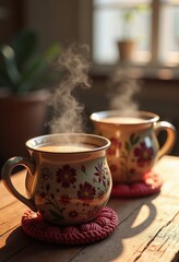 two ceramic mugs steaming beverages cozy comfort warmth hot drink, coffee, caffeine, liquid, table, wood, hygge, home, relaxation, aroma, interior, design