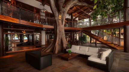 Luxurious treehouse retreat with balcony tropical paradise interior design relaxing ambiance elevated perspective