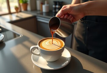 pouring rich espresso modern white barista style fresh coffee gourmet coffee sleek kitchen aesthetic, beverage, drink, artisan, liquid, grounds, latte, foam