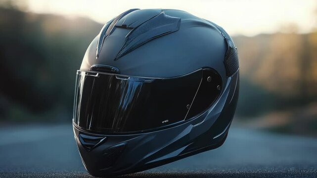 A motorcycle helmet sits alone on the side of a road, awaiting its rider's return