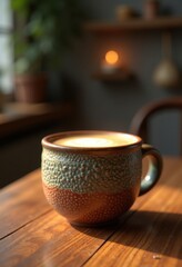 Fototapeta premium unique textured ceramic coffee cup artisan design close warm beverage reflection, mug, handmade, drinks, glaze, pottery, vessel, tableware, craftsmanship