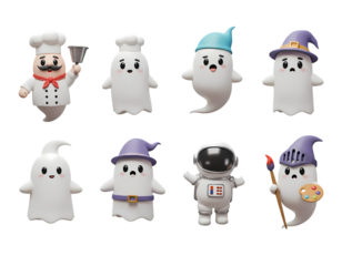 Collection of Cute Ghost Characters in Various Costumes for Halloween Transparent Background 