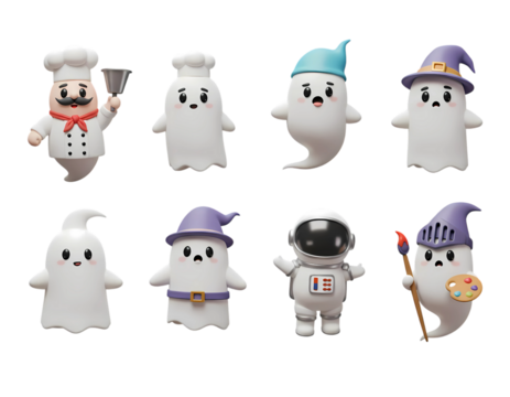 Collection of Cute Ghost Characters in Various Costumes for Halloween Transparent Background 