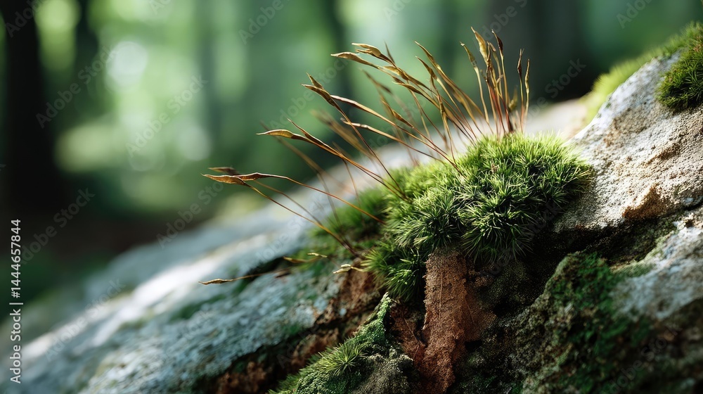 Poster green moss under forest light with peaceful mood concept. close-up of moss and grass growing on a te