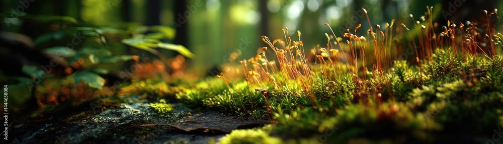 Aufkleber green moss under forest light with peaceful mood concept. lush moss and greenery flourish in a seren