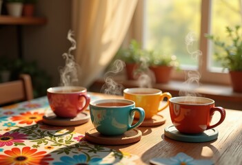 Fototapeta premium vibrant ceramic mugs bright teas colorful table setting warm atmosphere cozy drink experience, cup, beverage, home, liquid, steam, display, interior