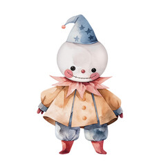 Little clown in blue cap and orange red costume. Children's watercolor illustration of scary stylized Halloween character. Isolated clipart with clear even edge on transparent background