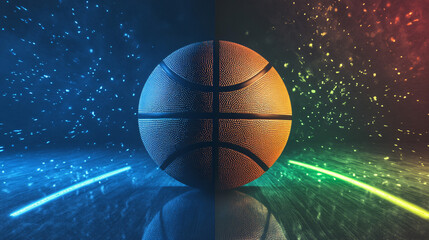 Fototapeta premium Basketball on the floor. Modern Basketball Arena with Rings with Spotlights, Creative Idea. Tournament and Win. Basketball game with full hall of fans on background. Basketball Championship