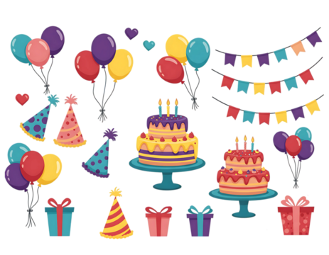Cute Birthday Party Collection with Balloons, Cakes, and Decorations Transparent Background - Powered by Adobe