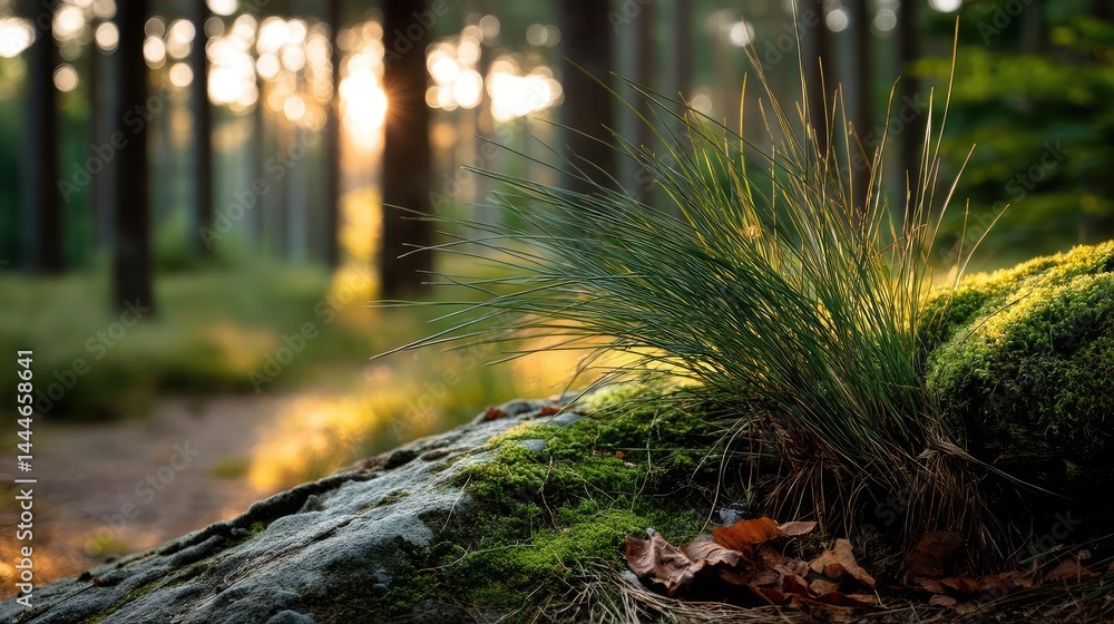 Aufkleber green moss between grass and forest with relax mood concept. vibrant grass growing on a mossy rock i