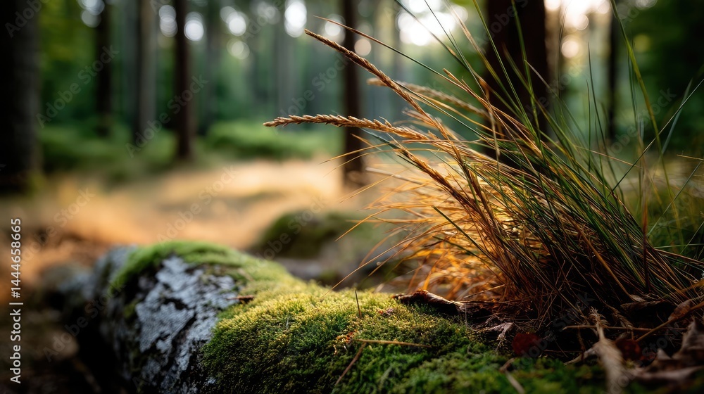 Poster green moss between grass and forest with relax mood concept. close-up view of grass and moss on a fo