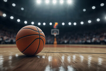 Naklejka premium Basketball on the floor. Modern Basketball Arena with Rings with Spotlights, Creative Idea. Tournament and Win. Basketball game with full hall of fans on background. Basketball Championship