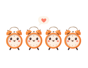 Set of Four Cute Cartoon Alarm Clocks in a Row with a Heart Transparent Background 
