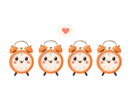Set of Four Cute Cartoon Alarm Clocks in a Row with a Heart Transparent Background - Powered by Adobe