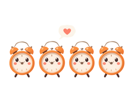 Set of Four Cute Cartoon Alarm Clocks in a Row with a Heart Transparent Background 