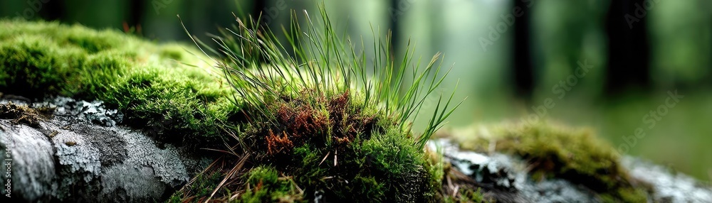 Poster green moss in forest with peaceful relax mood concept. lush green moss growing on a tree log in natu