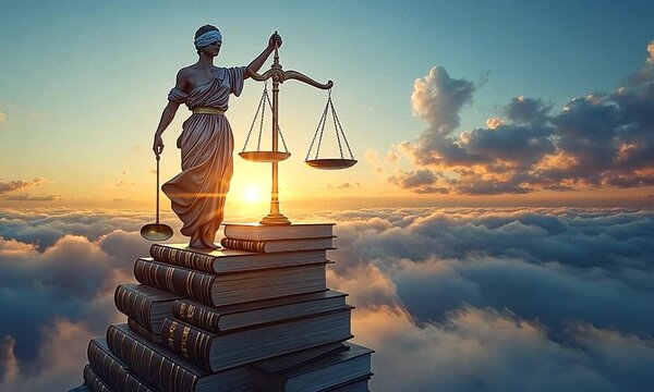 A majestic statue of Lady Justice holding scales atop a stack of books, surrounded by clouds at sunset