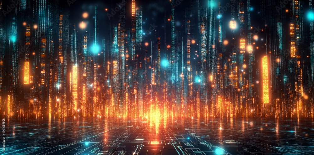 Poster a futuristic metropolis on a tiny scale is situated on a circuit board and features a central glowin