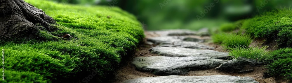 Poster Green moss between grass and forest with relax mood concept. A serene path lined with lush greenery and smooth stones.