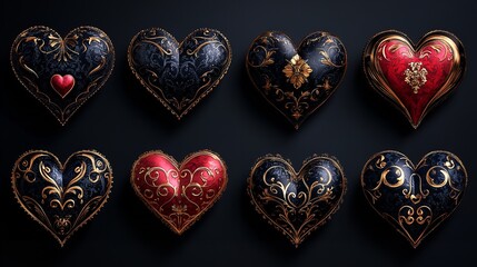 Set of intricate red heart patterns ornamental design