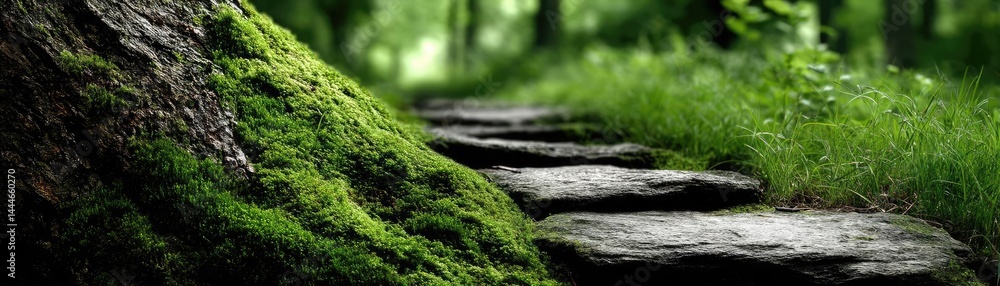 Poster green moss between grass and forest with relax mood concept. peaceful forest path leading through lu