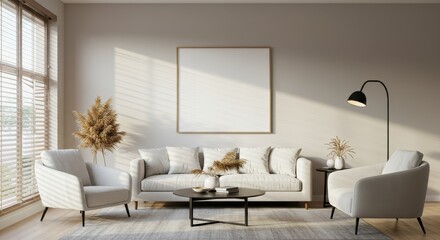A living room with a white sofa, two armchairs, a coffee table, and a blank picture frame on the wall