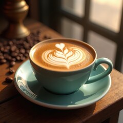 vibrant coffee cup intricate latte art artistic foam design barista craft beverage morning routine, brown, creamy, drink, milk, espresso, caffeine, saucer