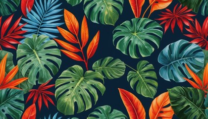 A vibrant seamless pattern featuring lush tropical leaves in various shades of green, showcasing intricate textures and shapes, perfect for summer designs.